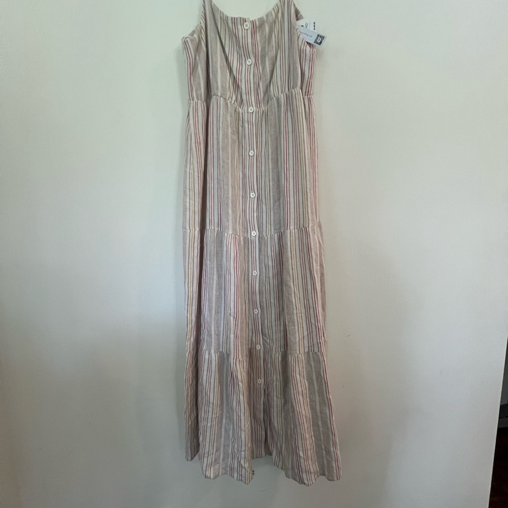 NWT Sanctuary Woman'sXl Linen blend Stripped Pink/yellow/beige Tiered Maxi Dress